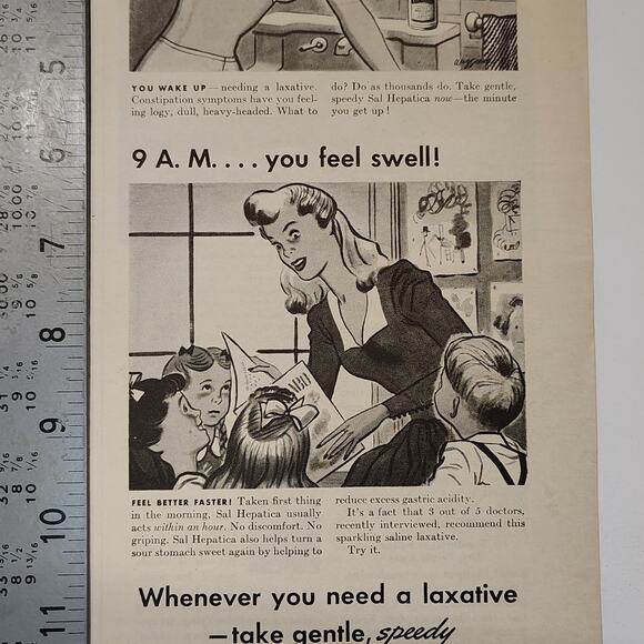 1943 Sal Hepatica Print Ad 7AM Not Well 9AM Swell Laxative Humor 1940s Ephemera - Picture 6 of 8